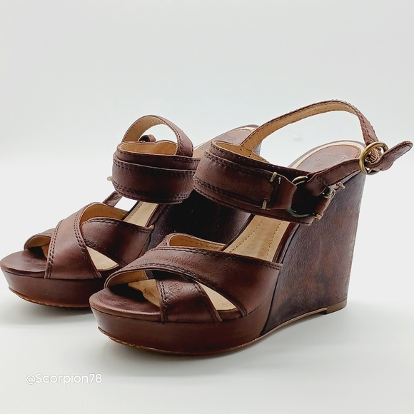 Frye Alexa Criss Cross Wedge Sandals in Brown Leather Size 7.5 for Women - Picture 2 of 7